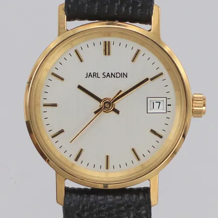 Damur Jarl Sandin 18K, quartz, serienr JS56.74.18-4731, datum, gravyr, står still, läderarmband, längd inklusive ur 19,5cm, garantikort från år 2012, originalask