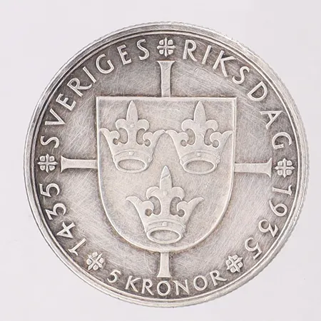 Minnesmynt Gustaf V, jubileum Sveriges riksdag 1435-1935, nominellt värde 5 kronor, silver 900/1000 Vikt: 25 g