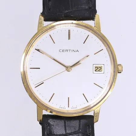 Herrur Certina Ø33,5mm quartz datum EOL.115.9299.68. 18K i behov av batteribyte, lädrband och spänne ej original, inga tillbehör Vikt: 0 g
