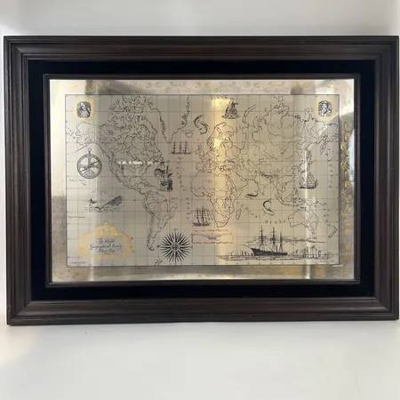 Karta, "The Royal Geographical Society Silver map", sterling silver, Franklin Mint, 56x37cm bildmått, 70x52cm inklusive ram.  Skickas med postpaket.