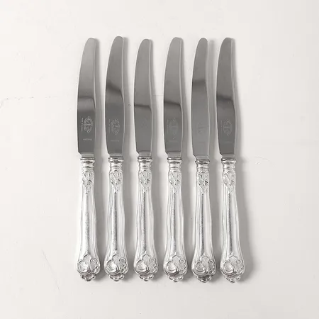 Sex smörgåsknivar modell Sachsisk, längd 18,5cm, blad i rostfritt stål, silver 830/1000 Vikt: 241,2 g