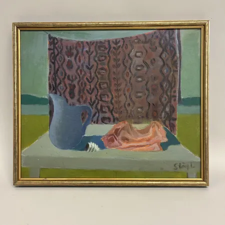Tavla Stig Lindberg, olja på pannå, mått inklusive ram 37,5x31cm, ytslitage, fläckar, repa
