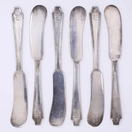 6 smörknivar Rogers Bros, USA, 14cm, monogramsgravyr, oädel metall