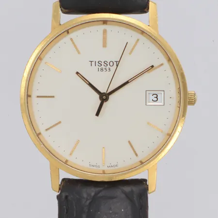 Armbandsur Tissot 18K, quartz, 33,5mm, datum, gravyr För nit och redlighet i rikets tjänst, går ej, slitet läderarmband, inga tillbehör.