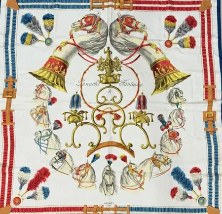 Scarf Hermès, Panache et Fantaisie design Hugo Grygkar 1959, 89x89cm, siden, tråddragning, mindre fläckar, små nålhål i hörn, orginalkartong. 