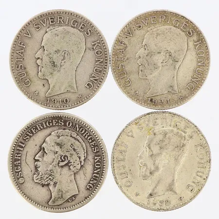4 Mynt 2-kronor Ø30mm, 1876, 1910, 1924, 1938, 800/1000 silver Vikt: 59,5 g