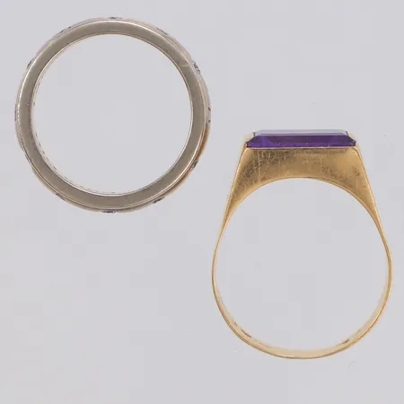 2 Ringar, stenar, 7xca 0,01ct, gravyr, skadat, 18K Vikt: 14,2 g