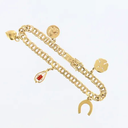 Armband Bismarck med 5 berlocker, längd: 20cm, bredd: 6mm, 18K  Vikt: 17,9 g