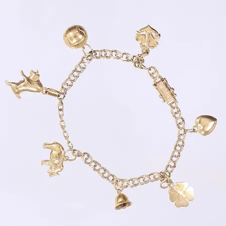 Armband Bismarck med berlocker, längd 17cm, bredd 3mm-25mm, svenska stämplar, hårt bruksslitage, 18K Vikt: 8,3 g