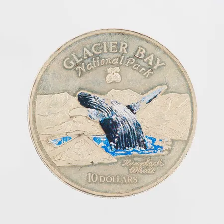 Mynt Elizabeth II Cook Islands år 1997, Ø39mm, Glacier Bay national park, 10 dollars, silver 925/1000 Vikt: 27,9 g