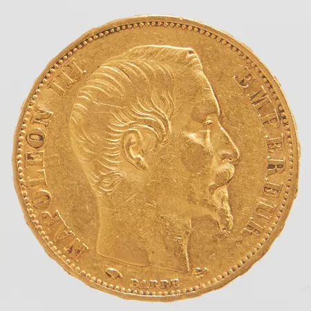 Mynt 20 Francs, Napoleon III, år 1857, Ø21,5, 21,6K Vikt: 6,4g Vikt: 6,4 g