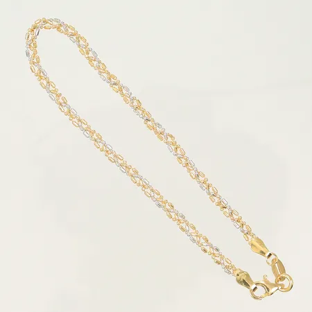 Armband trefärgad, 19,5cm, bredd 2,5mm, ojämna länkar, 14K Vikt: 4,2 g