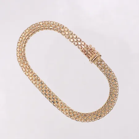 Armband X-länk längd 18,5cm, bredd ca 5,8mm, något trögt kistlås, 14K Vikt: 7,6 g