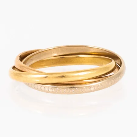 Ring tredelad stl:17¾ bredd ca 4mm, vit-, gul-, roséguld 18K 4,0g.