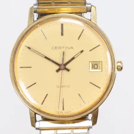 Herrur Certina 14K Ø33,5mm ref nr. EOL 1159199.65 quartz (går ej) gravyr monocoque-boett repigt glas, flexlänk i metall bruttovikt 51,4g