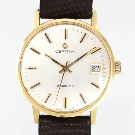Herrur Certina manuell med datumfönster Ø34mm, boett 18K, urtavla märkt med "Kockums", läderarmband, mindre repor på glas, bruttovikt: 41,2gram