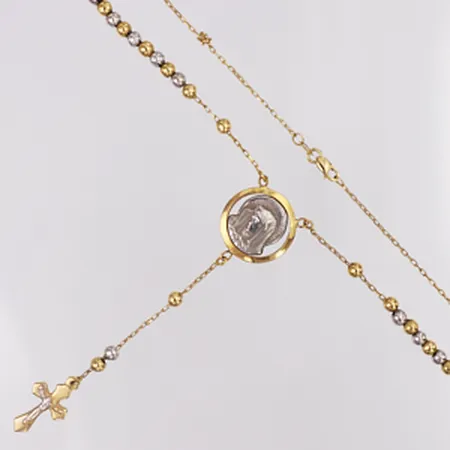 Collier tvåfärgad med kulor kors samt jungfru Maria längd 51,5cm, knut, 21K  Vikt: 15 g