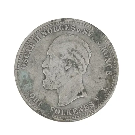 Silvermynt Norge 2 Kroner 1878 Oscar II (Norges första 2-kronorsmynt), 80%, cirkulerat ex. ärgfläckar, patina Vikt: 14,7 g