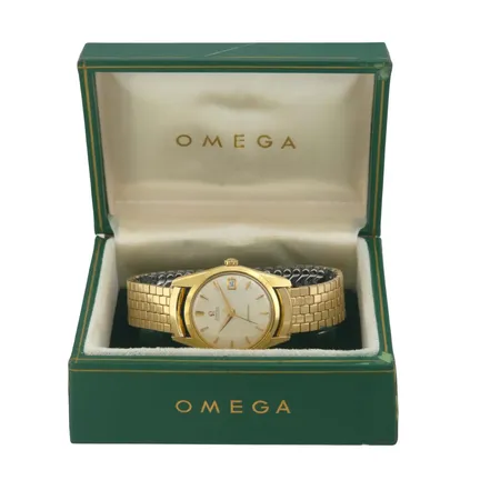 Herrur Omega Seamaster, guld på stål, Ø34 mm, automatisk, kaliber 562, referensnummer 14701 4 SC, serienummer 18194544, fint skick, universallänk i stål, originalbox,