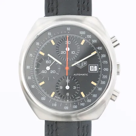Herrur Heuer Pasadena Chronograph stål, automatisk, 41mm, boettnr 750.501, kronograf, datum, svart läderband, servicekvitto från 2025, extra länk i stål (ej original), reseetui, inga övriga tillbehör Vikt: 0 g