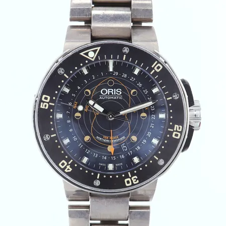 Herrur Oris Provider pointer moon automat titan Ø45mm ref-nr: 7682 serie-nr:3252096 gummidel saknas repor slit på auktion i Kista hos Pantbanken Sverige