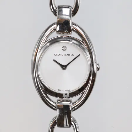 Damur Georg Jensen Ø27,5mm modell 314 Eve, stål, quartz (går ej, troligen batteribyte), safirglas, stål, urtavla med diamant 1xca0,02ct, design Barth Nussbaumer med box samt garantipapper daterat 2012