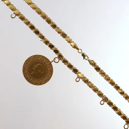 Collier bladat Bismarck längd 60cm bredd 5mm 14K integrerat hänge mynt Ataturk Ø30mm år 2023 21K öglor ej i guld defekt Bruttovikt: 21,5g Vikt: 0 g