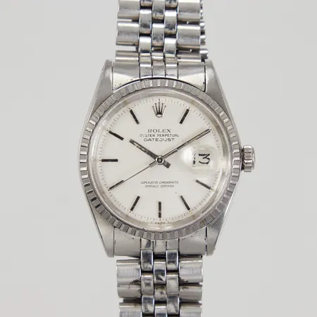 Herrur Rolex Datejust, stål, automat, datum, refnr: 1603, serienr: 2580628, Cal 1570, verknummer: D830928, ca år 1970, sliten jubileelänk, viklås låser dåligt, repigt plexiglas, servicecertifikat Engströms Urmakeri januari 2021, inga övriga tillbehör