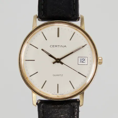 Herrur Certina 14K quartz numrerad: 115.9199.65 Ø34mm, datum, läderband ej original med slitage, batteribyte krävs