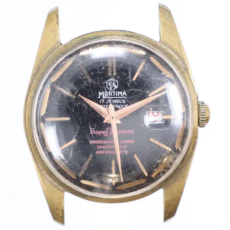 Herrur Mortima 17 jewels Ø34mm "SuperDatomtic", datum, manuell, defekt går ej, slitage, ca 1960-tal 