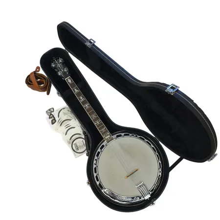 Banjo Samick SB-110T, tenorbanjo, kvitto - köpt begagnad Elmelid Musik 2026, hardcase, Skickas med postpaket.