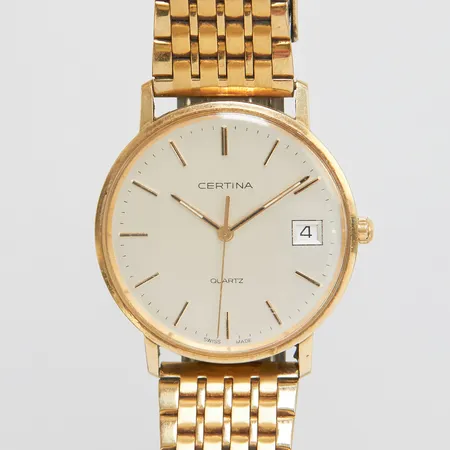 Damur Certina, quartz, datum, stålarmband, repor, gravyr, etui, 14K Brv 55,5g Vikt: 55,5 g