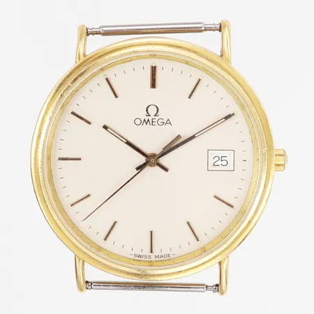 Herrur Omega 18K boett Quartz med datumfönster Ø33mm, kaliber: 1430, gravyr, behov av batteribyte, inga övriga tillbehör