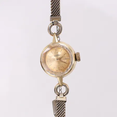 Damur Roamer 17mm manuell 14K, armband sliten förgylld metall, skadad urtavla, lös krona.