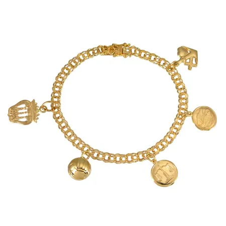 Armband Bismarck med fem berlocker, 18K guld, Ceson Guldvaru Ab (K&EC), Göteborg, svensk kontrollstämpel, längd knäppt 17,5 cm, bredd 4,7 mm, två berlocker med ojämnheter på baksidan, för övrigt i fint skick Vikt: 10,8 g