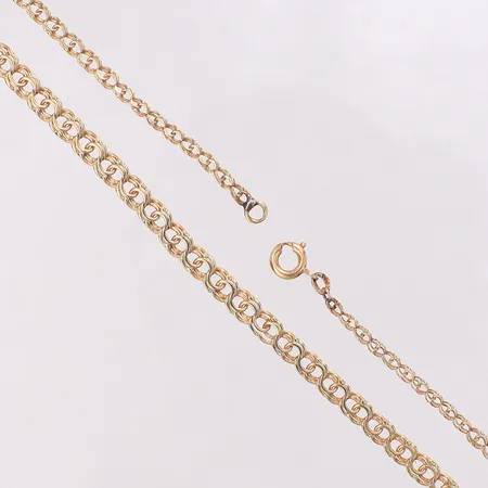 Collier Bismarck doserad, längd 46cm bredd 2,1-4,1mm, slitna länkar, defekt lås. 18K Vikt: 7,8 g