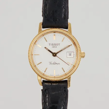 Damur Tissot Goldrun 18K, quartz, datum, Ø 24mm, slitet/skadat läderarmband, gravyr, batteribyte krävs, etui