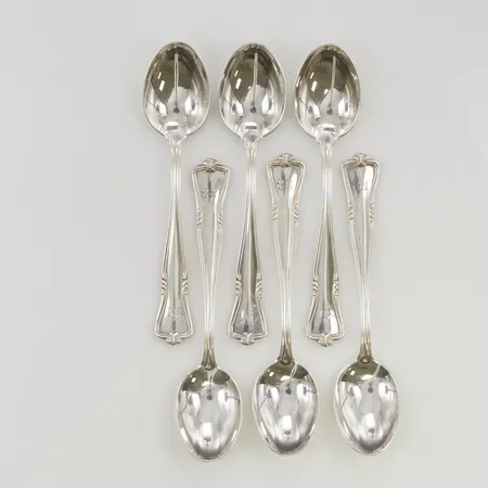 6 Kaffeskedar 11cm gravyr, 830/1000 Silver 119,3g.