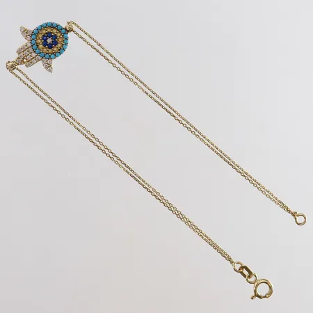 Armband Fatimas hand med blåa samt gula stenar längd 18cm bredd 1-23mm, en sten saknas 14K Vikt: 1,9 g