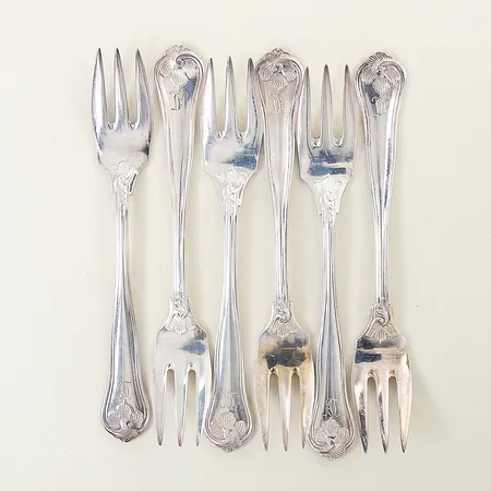6 Dessertgafflar Sachsisk 13,5cm gravyrer silver 830/1000 Vikt: 147,4 g