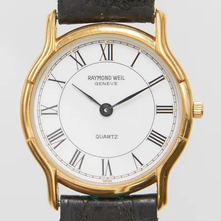 Armbandsur Raymond Weil, 29mm, quartz, guldpläterad, läderband, nr 9803, behov av batteribyte. Vikt: 0 g