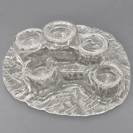 Ljuslykta Vulkan, Pertti Kallioinen, Meri Lasi, Finland, längd ca 33cm höjd ca 9,5cm, för 6 värmeljus, etikettmärkt, brukslitage, glas Skickas med paket.