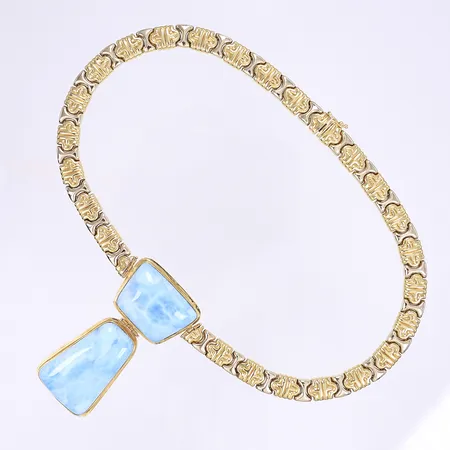 Halscollier med turkosa stenar troligen Larimar, 40cm bredd 8-65mm, kistlås, 18K, Bruttovikt: 70,4g Vikt: 70,3 g