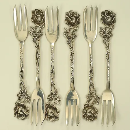 Sex tårtgafflar Rosen, svenska floran, 14cm, Silver 830/1000 Vikt: 129,4 g
