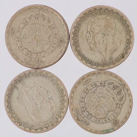 4 Mynt Gustaf V Sveriges konung 1944-1946 nominellt värde 1kr, silver 400/1000 Vikt: 27,9 g