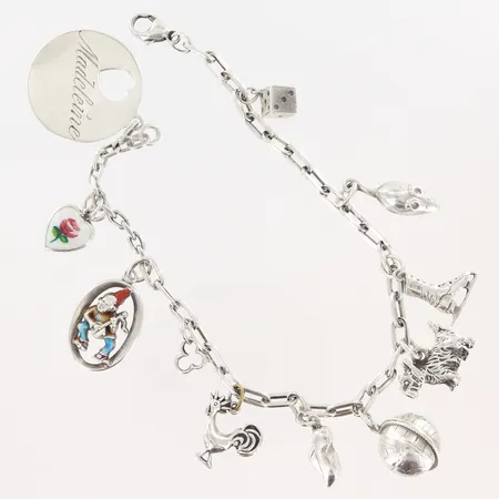 Armband Ankar med 11 berlocker längd 21cm bredd 3mm, defekter, förlängt med omaka länk, 1 ögla saknar berlock, gravyr, silver 830, 835, 925/1000 Vikt: 22,7 g