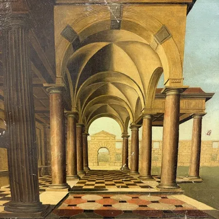 Tavla okänd konstnär, 1700/1800-tal, Palats exteriör med pelargång, 56x72cm, oramad, skador, lagningar, färgbortfall Vikt: 0 g Specialfrakt, kontakta pantbankskontoret för mer information.
