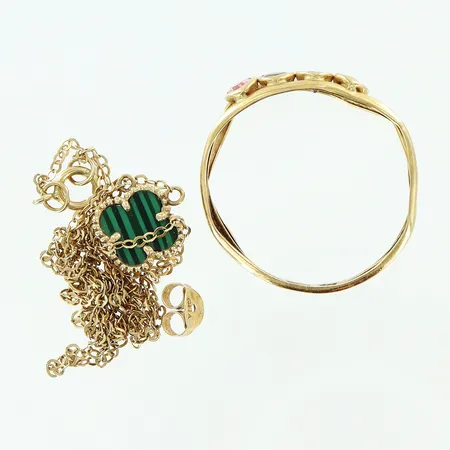 1 collier med sten, 1 ring med stenar, 1 stopp, allt med defekter, 18K Vikt: 3,4 g
