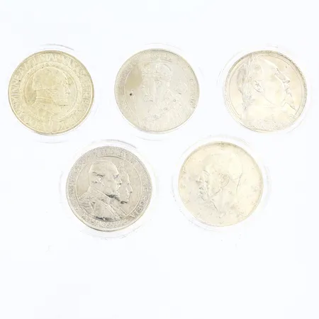 5 mynt, med plastetui, silver 800/1000 Vikt: 75 g