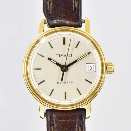 Damur Tissot Seastar 18K quartz Ø22mm datum plexiglas, slitet läderband, behov av batteribyte, gravyr på boett